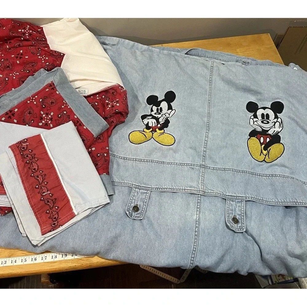 VTG Disney Store Mickey Mouse Denim‎ Duvet Cover Queen Embroidered Shams Skirt